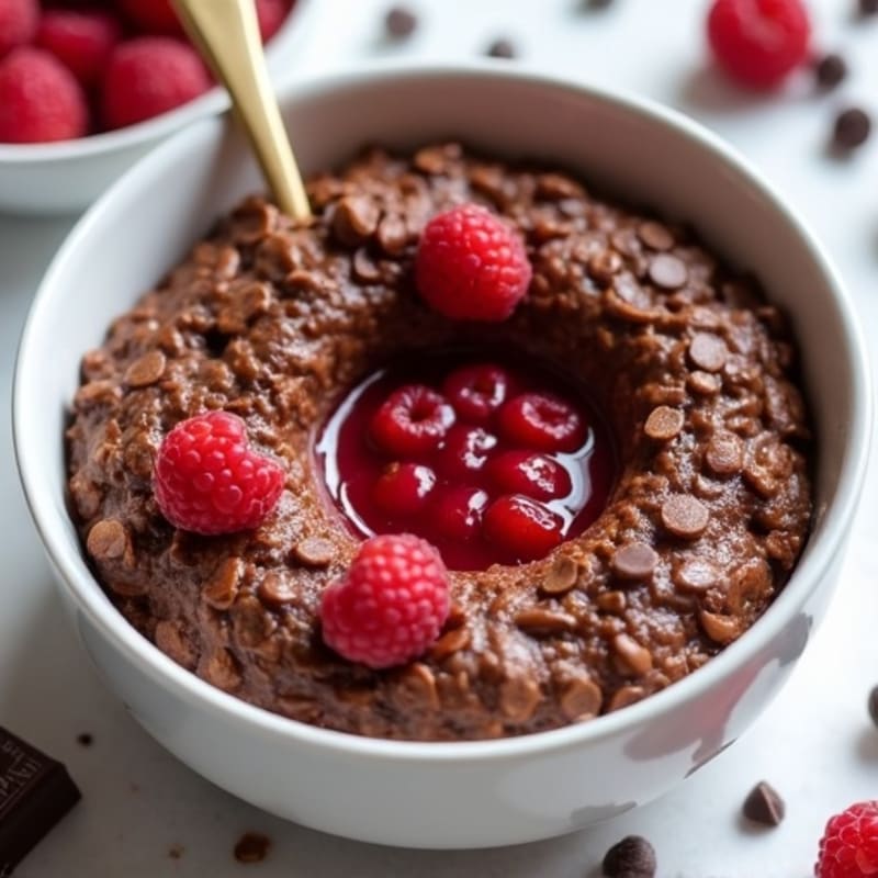 Baked Dark Chocolate Protein Oats with Gooey Raspberry Center