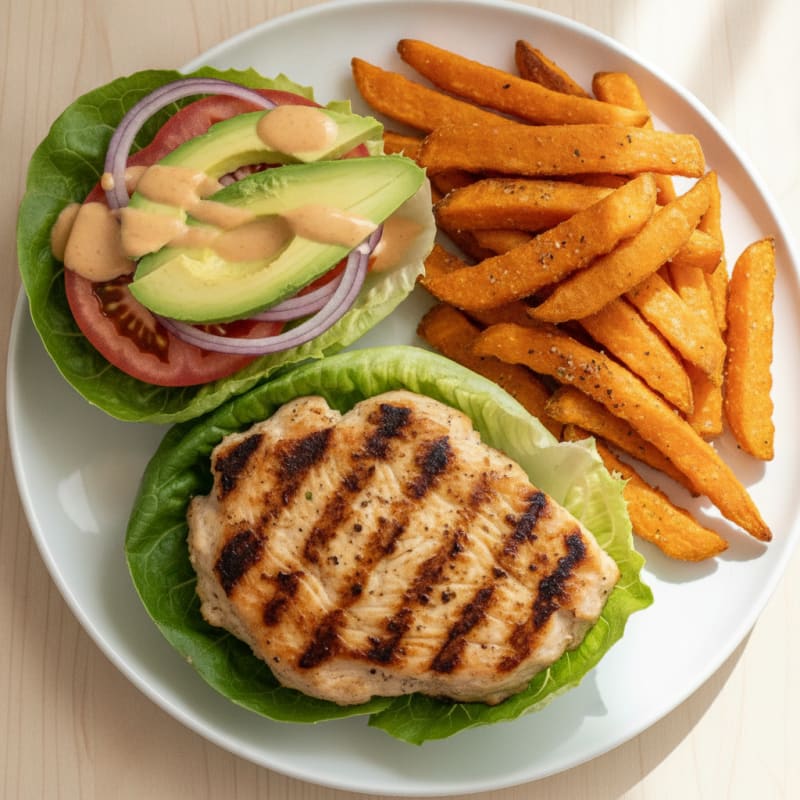 Grilled Chicken Burger with Roasted Sweet Potato Fries