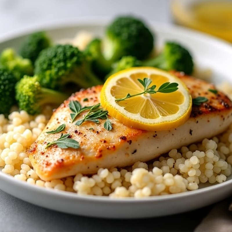 Lemon Garlic Chicken with Fluffy Couscous and Roasted Broccoli