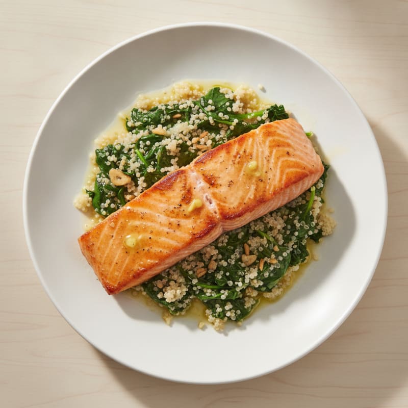 Pan-Seared Salmon with Garlic Quinoa and Sautéed Spinach