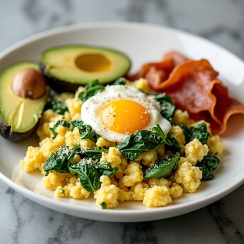 Egg White and Spinach Scramble with Cottage Cheese, Turkey Bacon & Toast