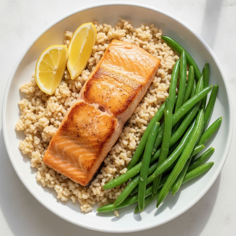 Seared Salmon with Steamed Green Beans and Brown Rice