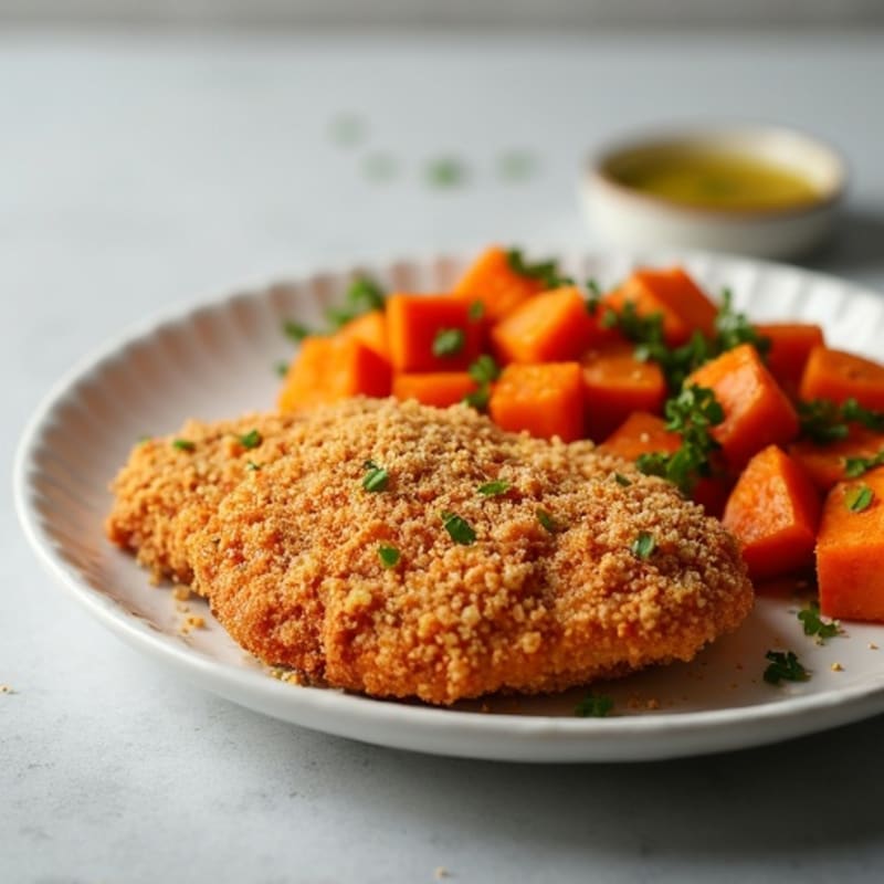 Crispy Breaded Chicken with Roasted Sweet Potatoes