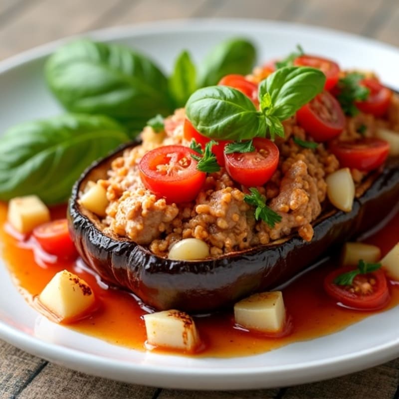 Baked Eggplant Stuffed with Savory Ground Turkey and Fresh Herbs
