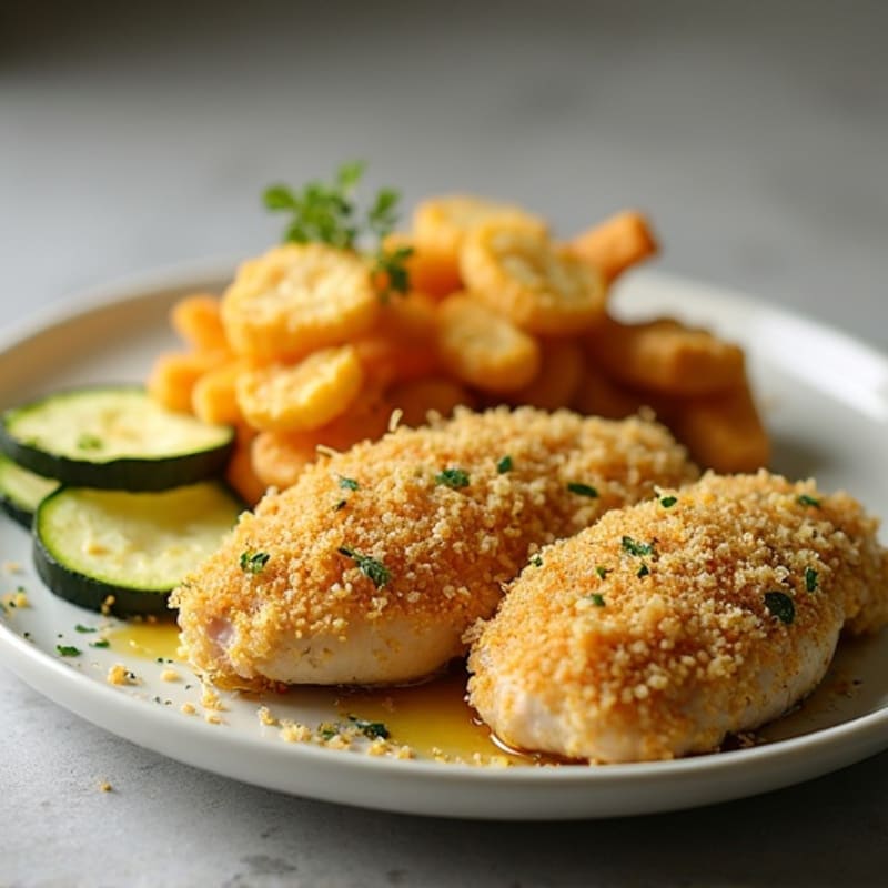 Garlic-Parmesan Crusted Chicken with Crispy Zucchini Fries