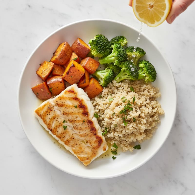 Grilled White Fish with Roasted Sweet Potato and Steamed Broccoli
