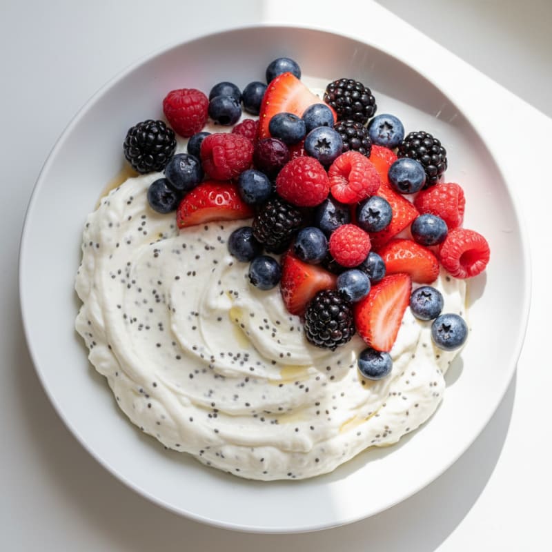 Greek Yogurt Protein Mousse with Chia Seeds and Mixed Berries
