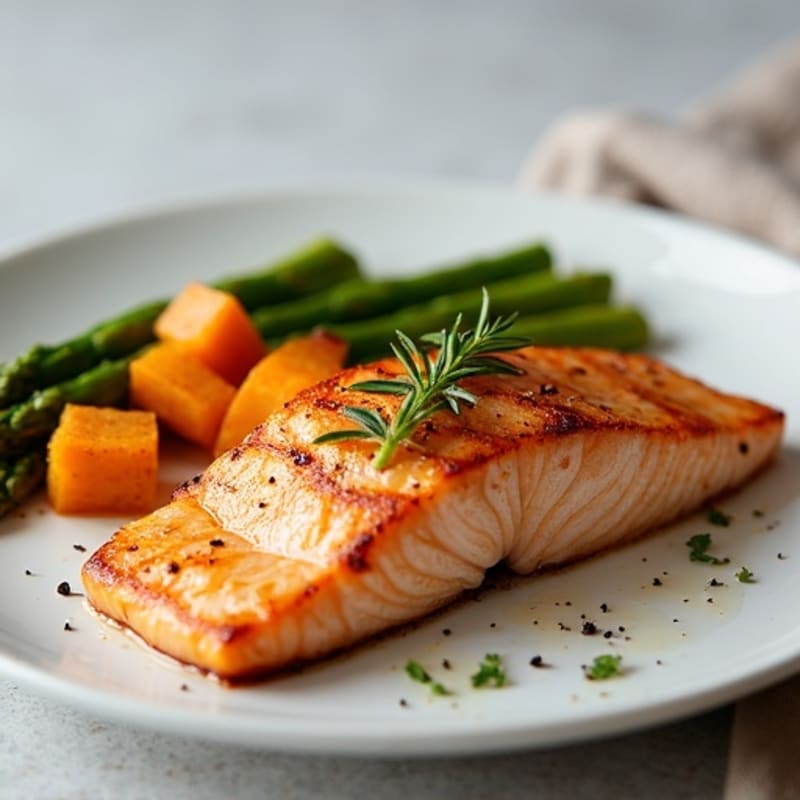 Seared Salmon with Roasted Sweet Potato and Asparagus