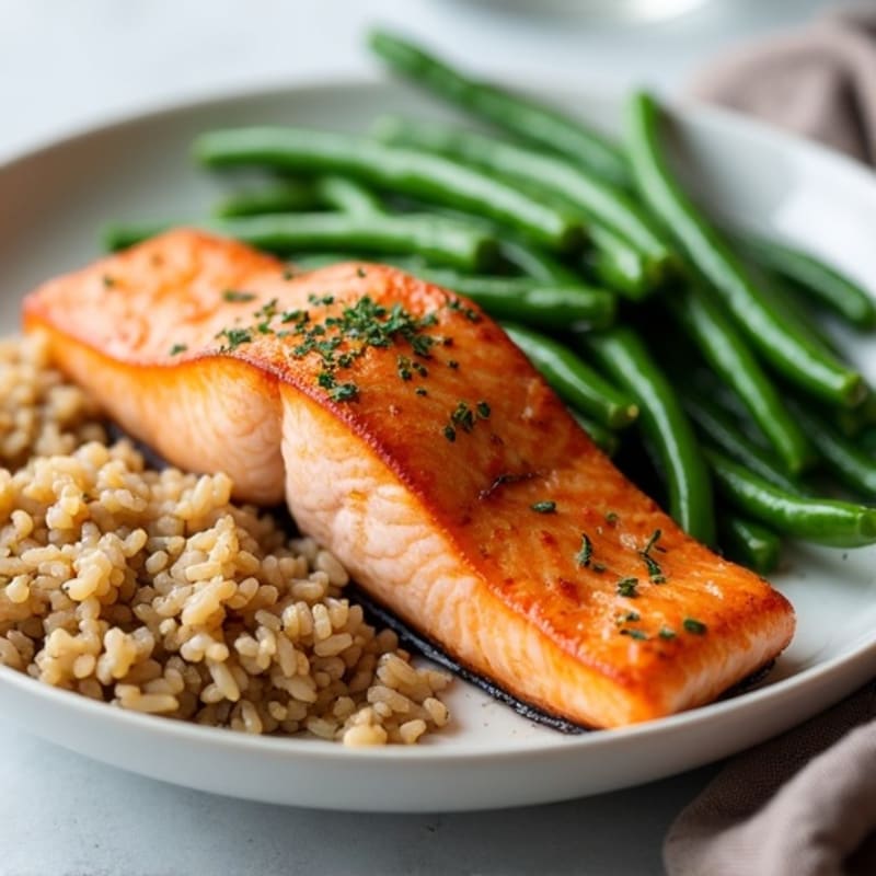Seared Salmon Fillet with Garlic Green Beans and Brown Rice