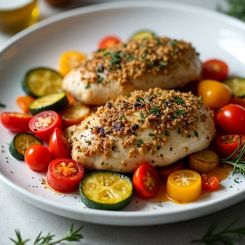 Herb-Crusted Sheet Pan Chicken with Roasted Rainbow Vegetables