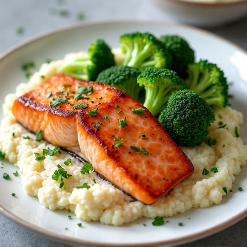 Seared Salmon with Steamed Broccoli and Cauliflower Mash (Surf & Turf Twist)