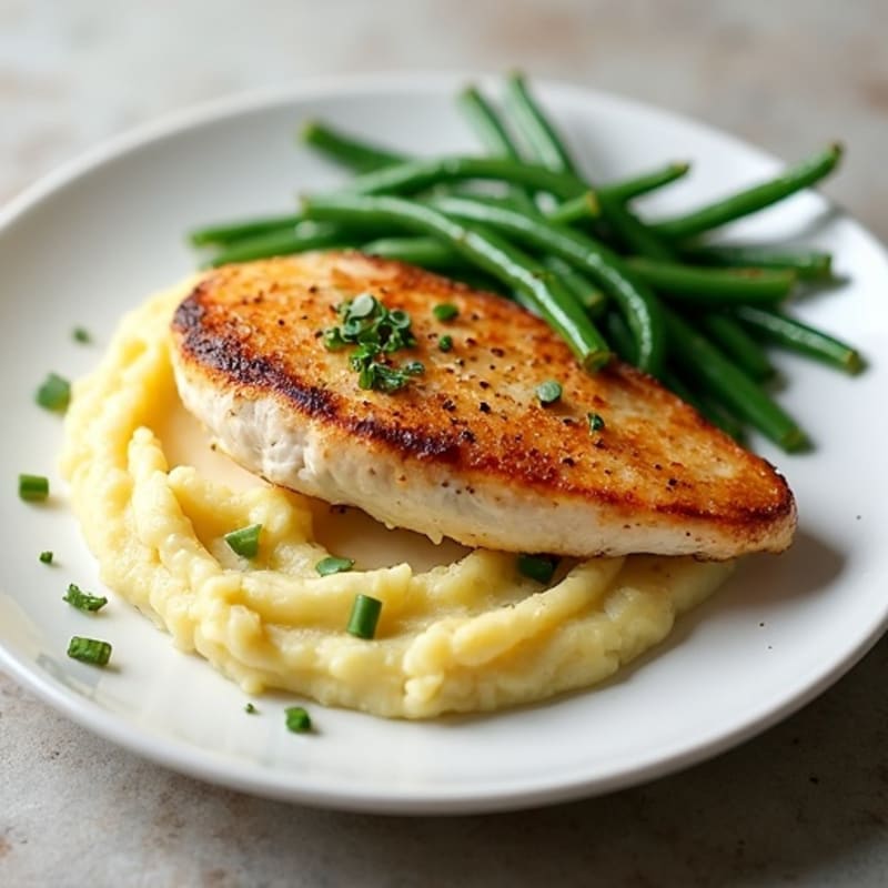 Pan-Seared Chicken with Creamy Garlic Mashed Potatoes and Roasted Green Beans