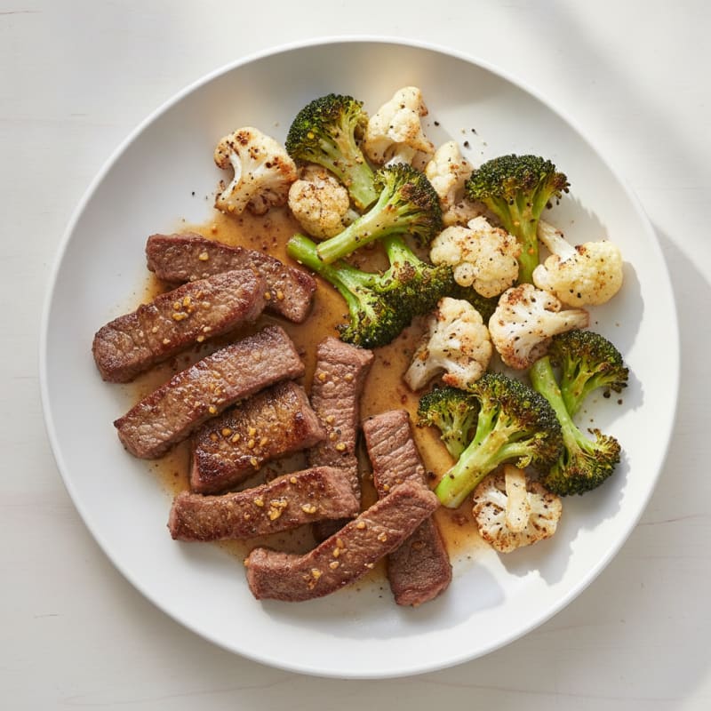 Seared Lean Beef Strips with Roasted Broccoli and Cauliflower