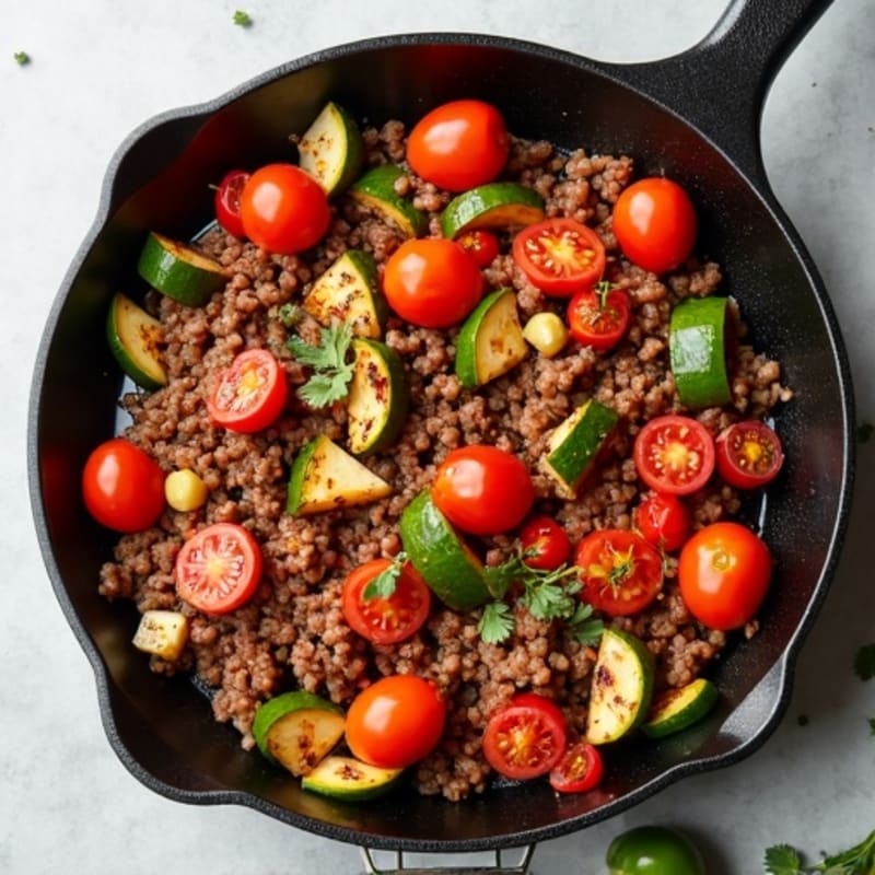 Lean Ground Beef and Roasted Vegetable Skillet