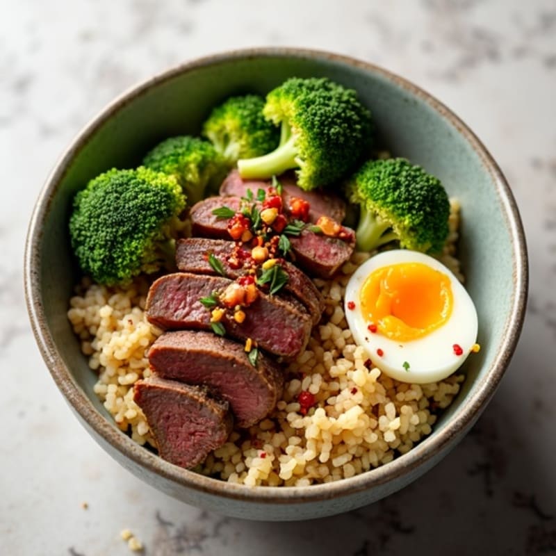 Lean Garlic Ginger Beef and Crispy Broccoli Rice Bowl