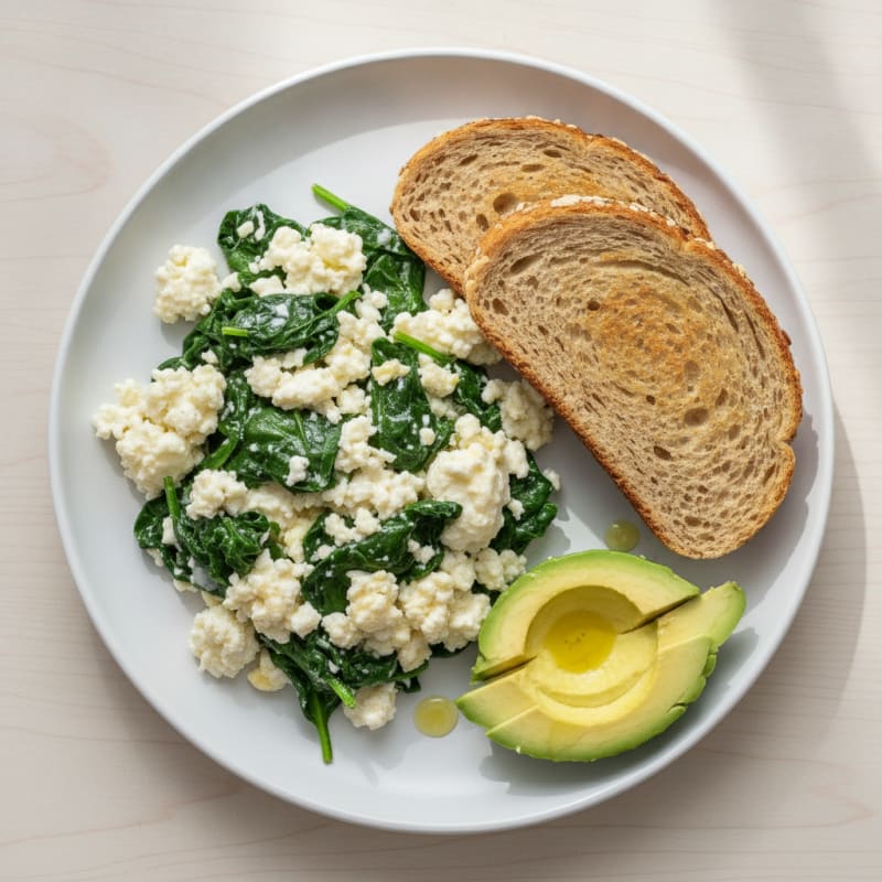 Egg White Scramble with Cottage Cheese and Sautéed Spinach