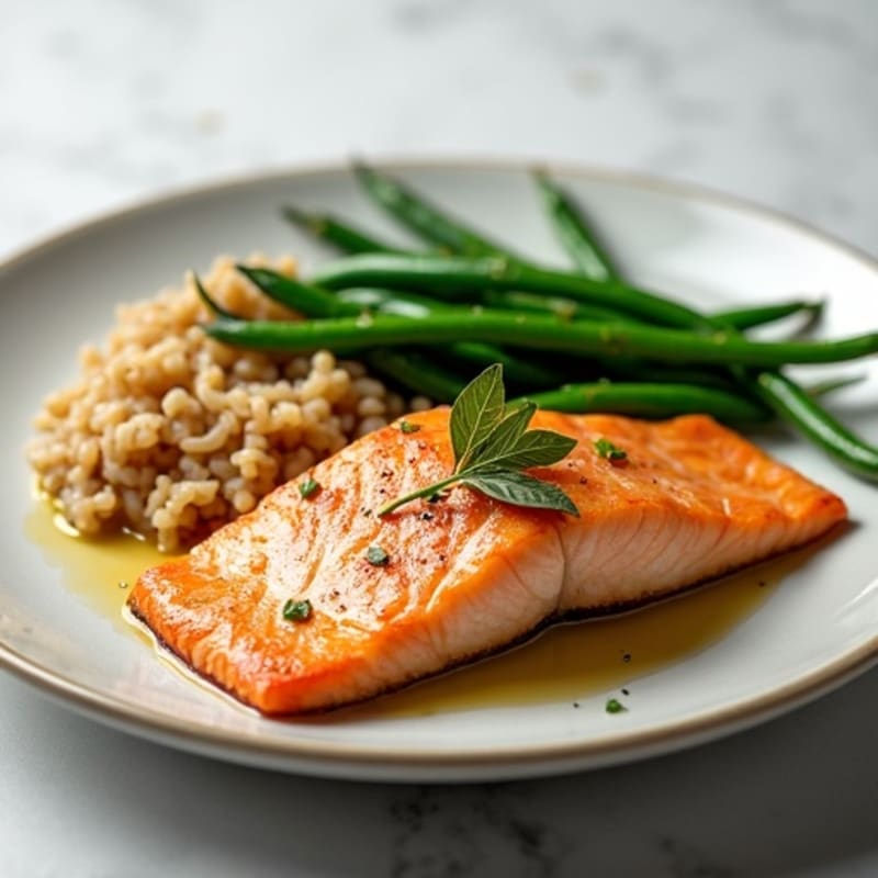 Seared Salmon with Garlic Green Beans and Brown Rice