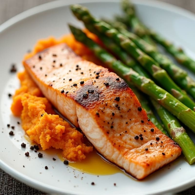 Seared Salmon with Roasted Asparagus and Sweet Potato Mash