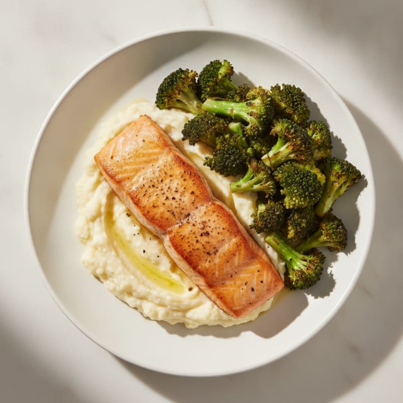 Seared Salmon with Roasted Broccoli and Garlic Mashed Cauliflower