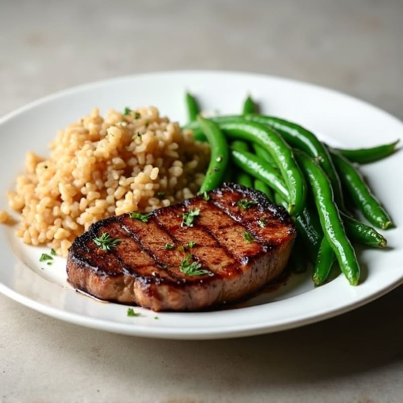 Seared Steak with Garlic Green Beans and Brown Rice