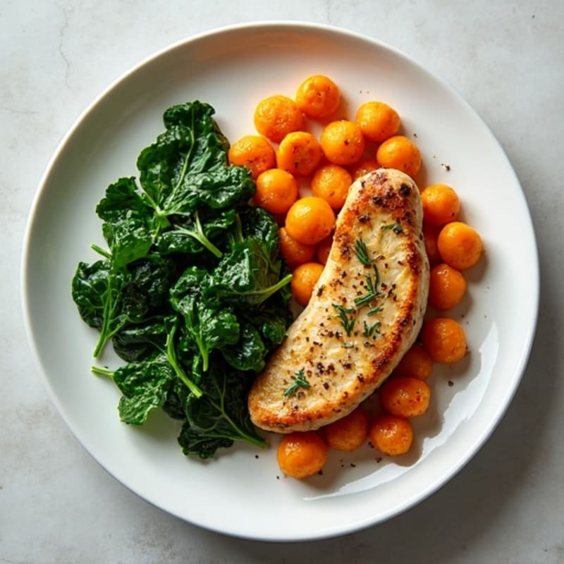 Pan-Seared Sweet Potato Gnocchi with Herb-Roasted Chicken and Sautéed Spinach
