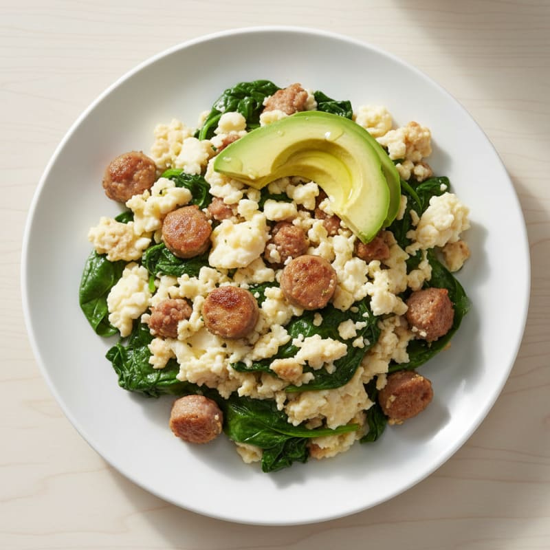 Egg White Scramble with Turkey Sausage and Sautéed Spinach