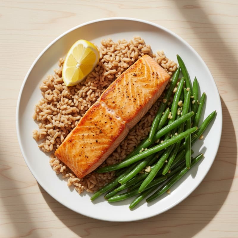 Seared Salmon Fillet with Garlic Green Beans and Brown Rice