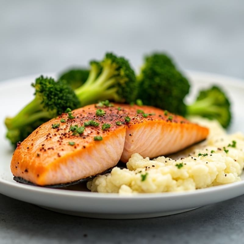 Seared Salmon with Roasted Broccoli and Garlic Mashed Cauliflower