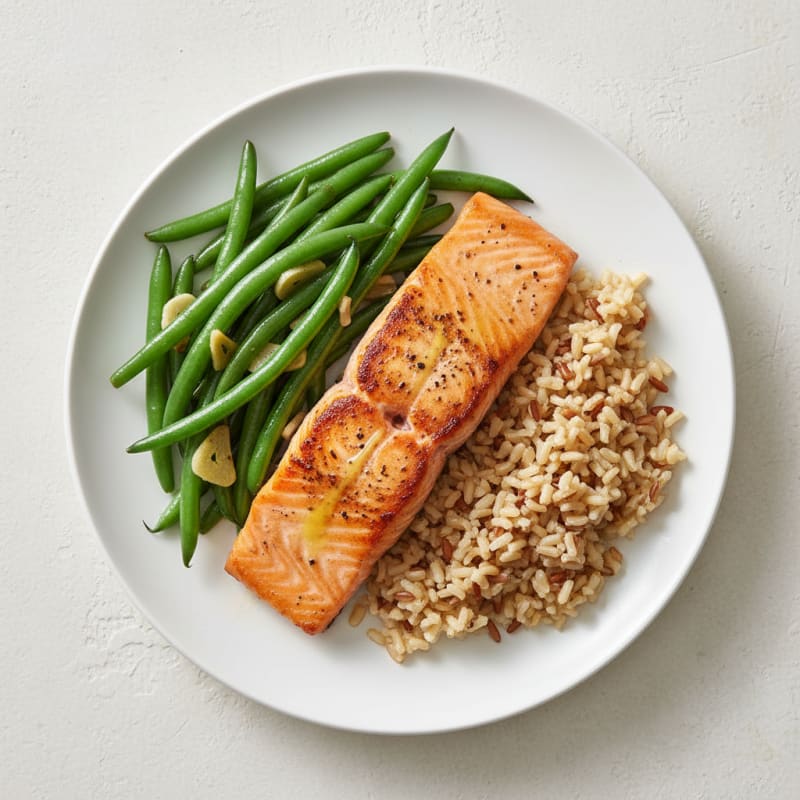 Seared Salmon Fillet with Garlic Green Beans and Brown Rice