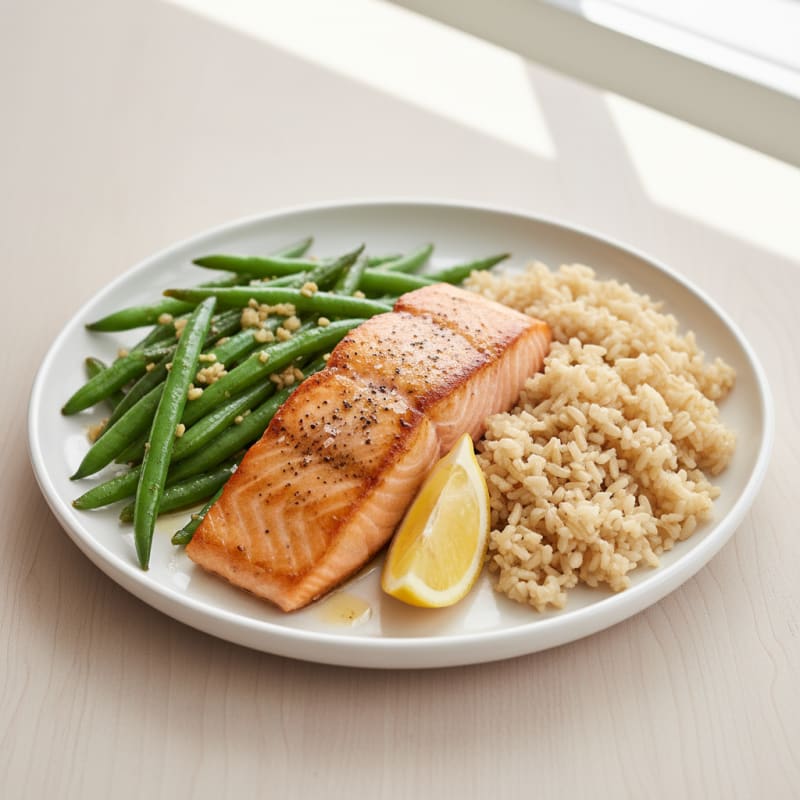 Seared Salmon Fillet with Garlic Green Beans and Brown Rice