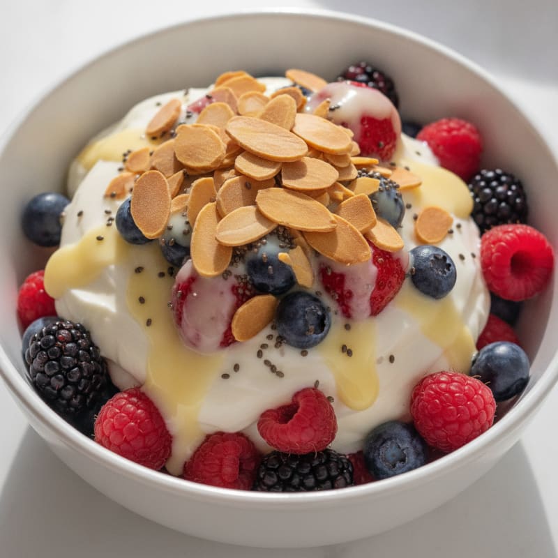 Greek Yogurt Protein Parfait with Mixed Berries and Almonds