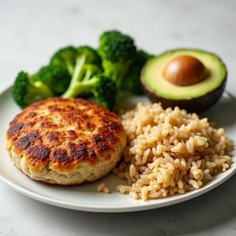 Seared Turkey Patties with Steamed Broccoli and Brown Rice