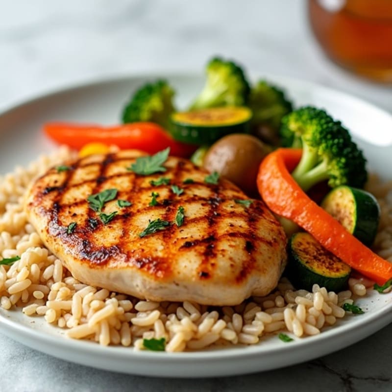 Pan-Seared Sweet and Savory Chicken with Roasted Vegetables and Brown Rice