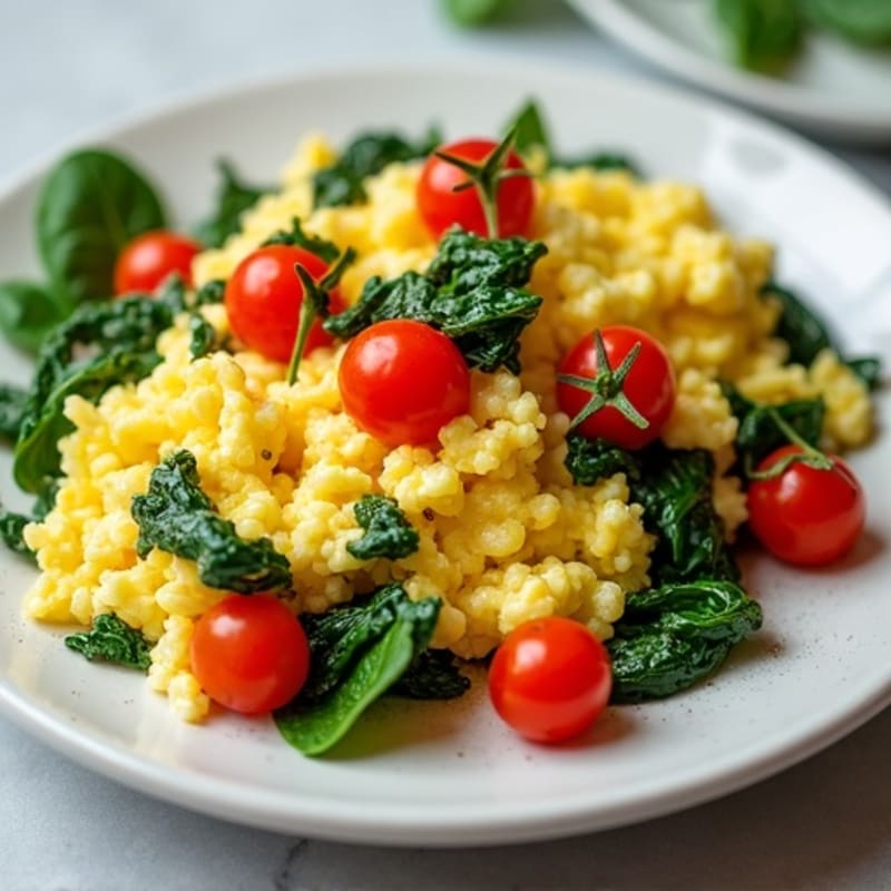 Fluffy Scrambled Eggs with Fresh Spinach and Cherry Tomatoes