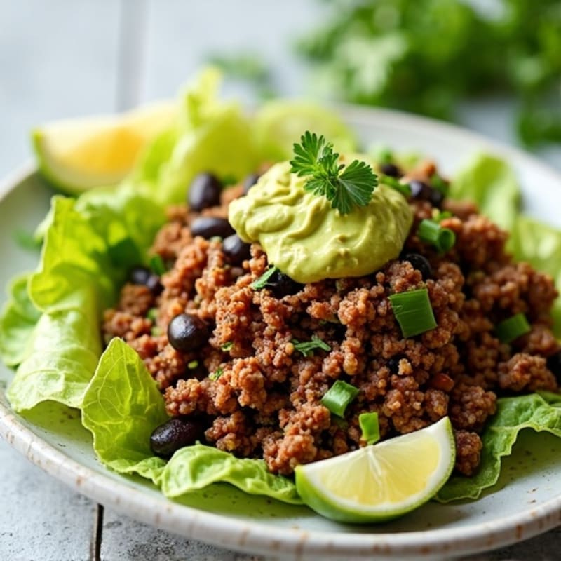 Lean Spiced Ground Beef Salad with Crunchy Romaine, Black Beans, and Creamy Avocado Dressing