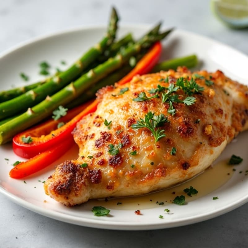 Crispy Lemon Herb Chicken Thighs with Roasted Asparagus and Bell Peppers