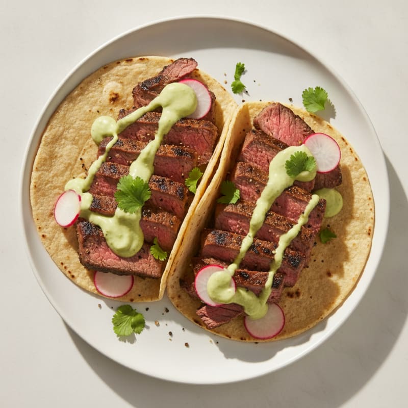 Carne Asada Tacos with Avocado Crema