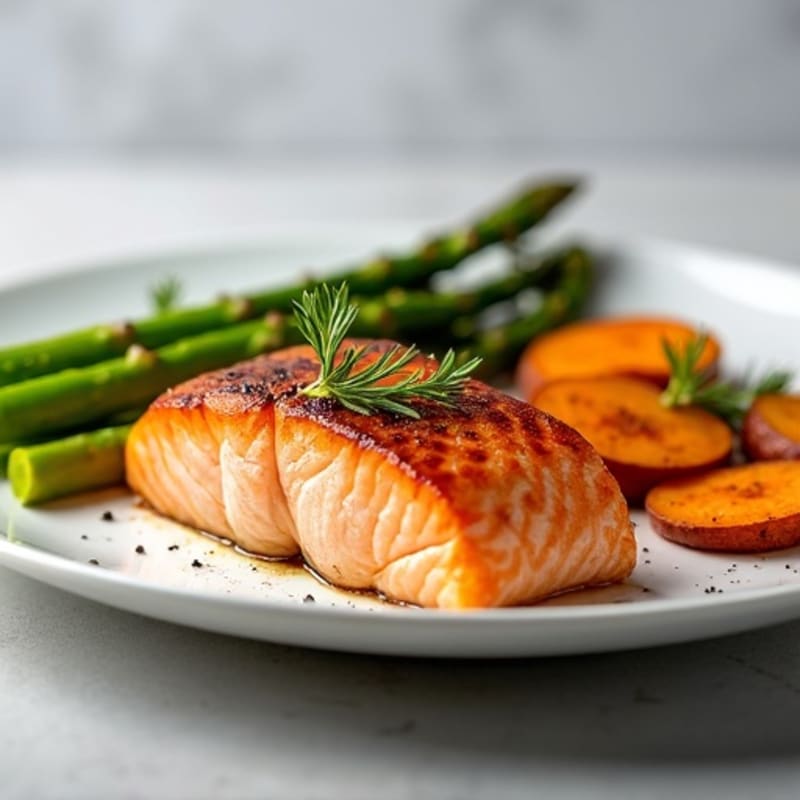 Seared Salmon with Roasted Sweet Potatoes and Asparagus