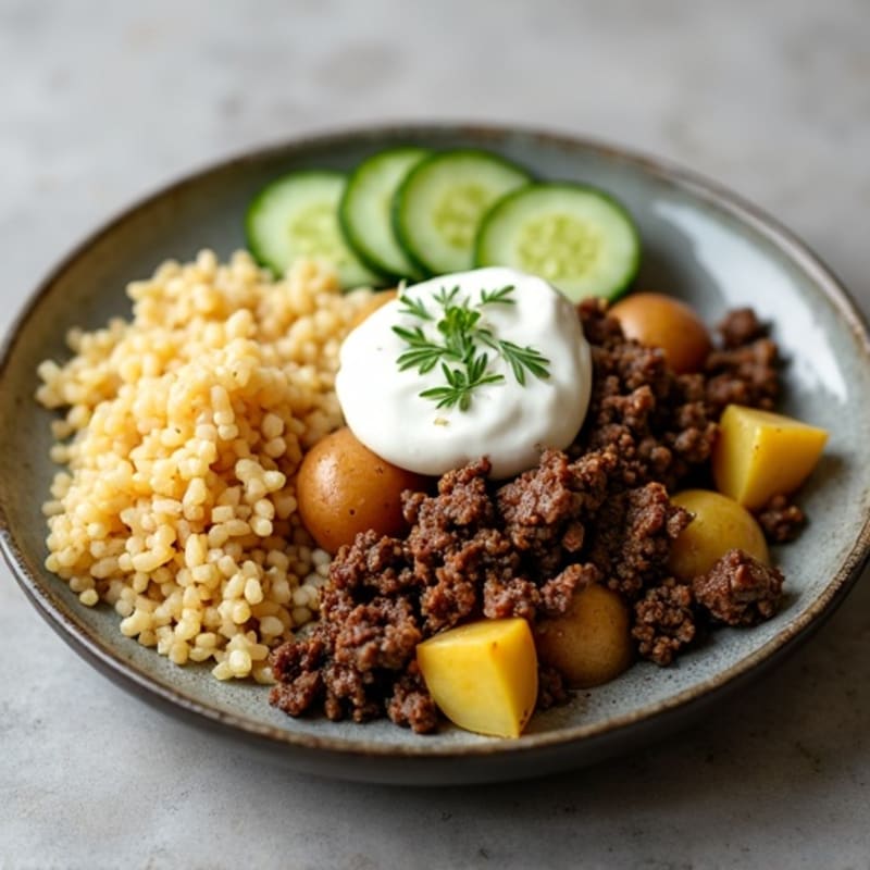 Ground Beef and Potato Skillet with Fresh Cucumber Slices
