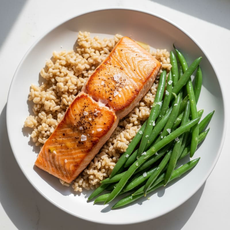 Seared Salmon Fillet with Steamed Green Beans and Brown Rice