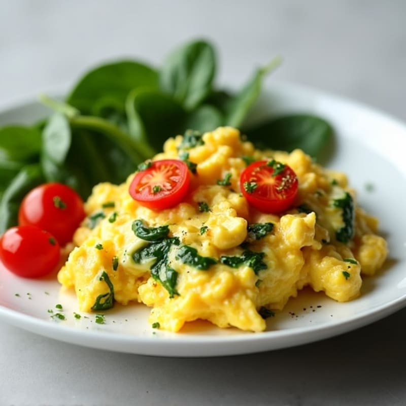 Creamy Scrambled Eggs with Sautéed Spinach and Cherry Tomatoes