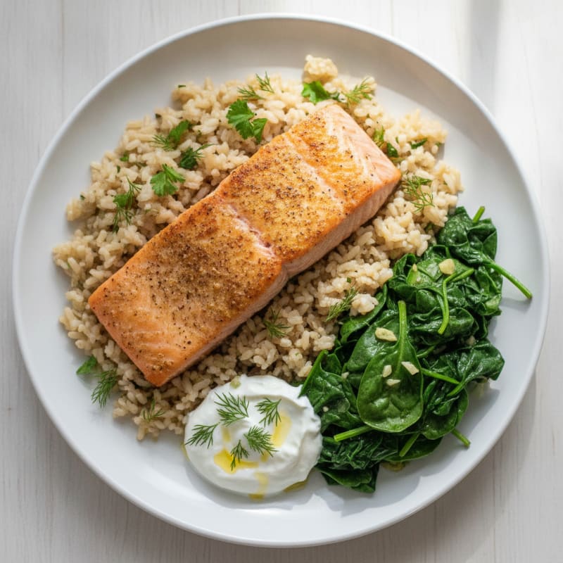 Baked Salmon with Herb Rice and Sauteed Spinach