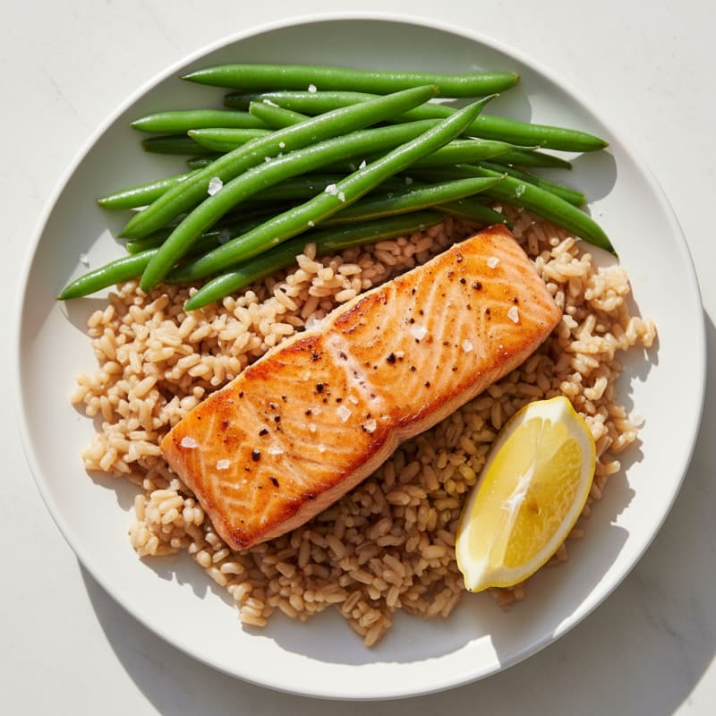 Seared Salmon with Steamed Green Beans and Brown Rice