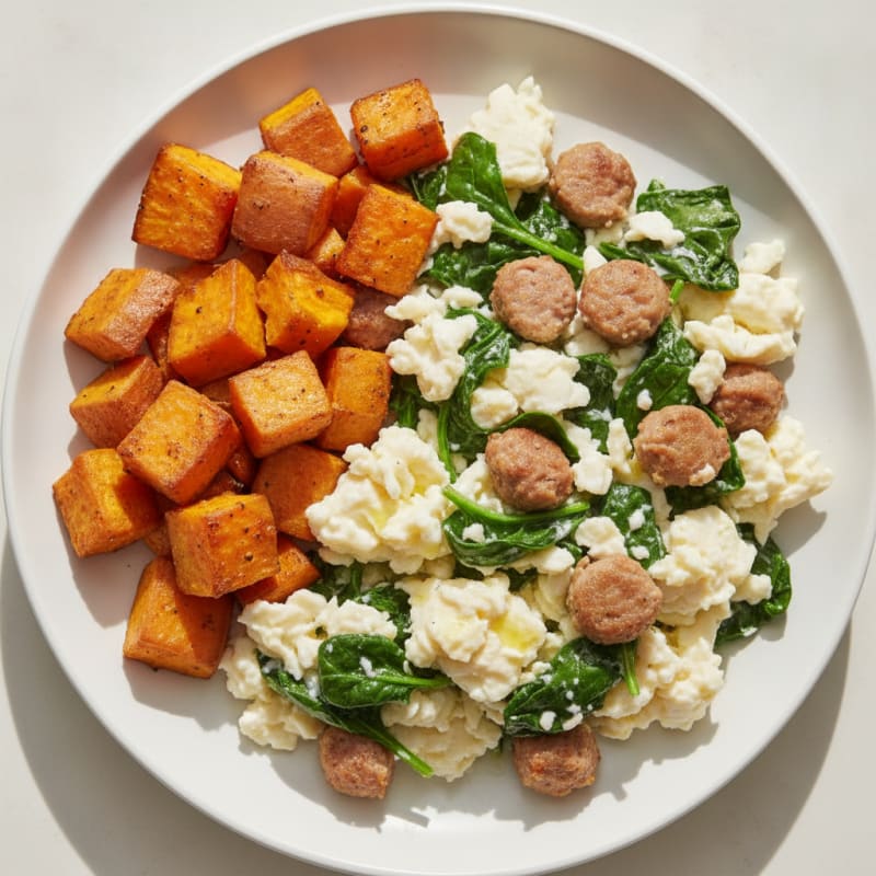 Egg White Spinach Scramble with Turkey Sausage and Roasted Sweet Potato