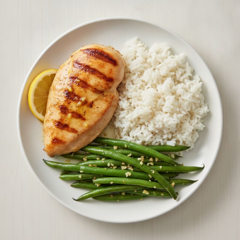Seared Chicken Breast with Garlic Green Beans and Steamed White Rice