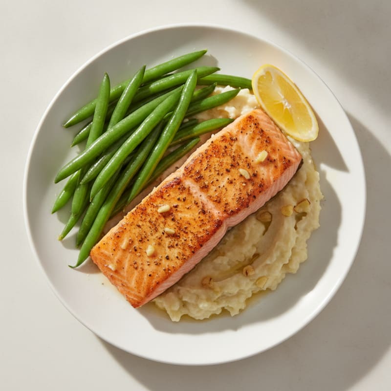 Seared Salmon with Steamed Green Beans and Garlic Cauliflower Mash
