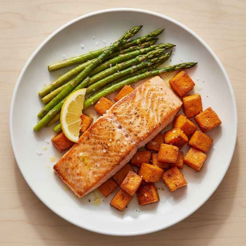 Seared Salmon with Roasted Sweet Potatoes and Asparagus