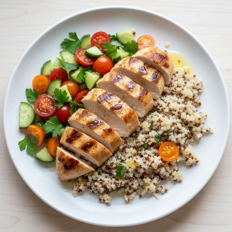 Grilled Chicken Breast with Cucumber Tomato Salad and Quinoa