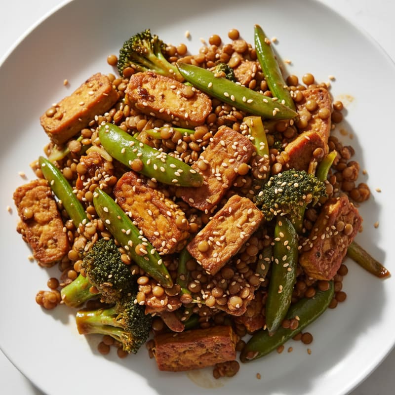 Lentil and Tempeh Stir-Fry with Broccoli and Snap Peas