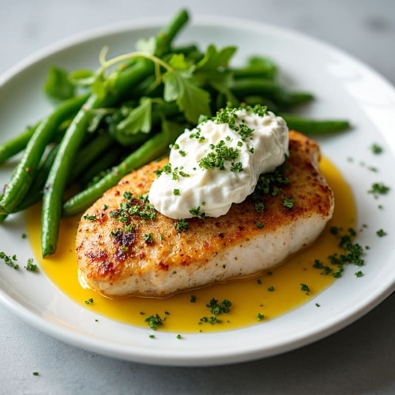 Herb-Seared Chicken Breast with Roasted Green Beans and Cottage Cheese